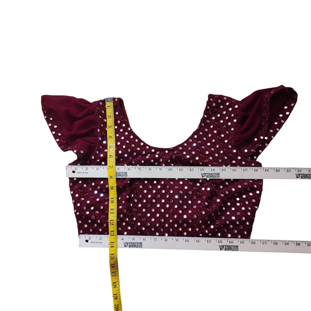 Maroon Mirror Work Saree Blouse Puff Sleeve Choli Top Burgundy Embroidery Size M - Picture 5 of 5